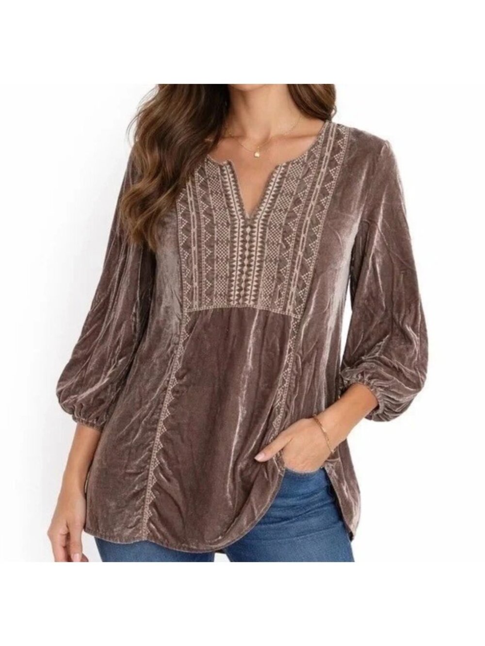 NEW J. Jill Crushed Velvet Tunic Top Embroidered 3/4 Sleeves Size XL